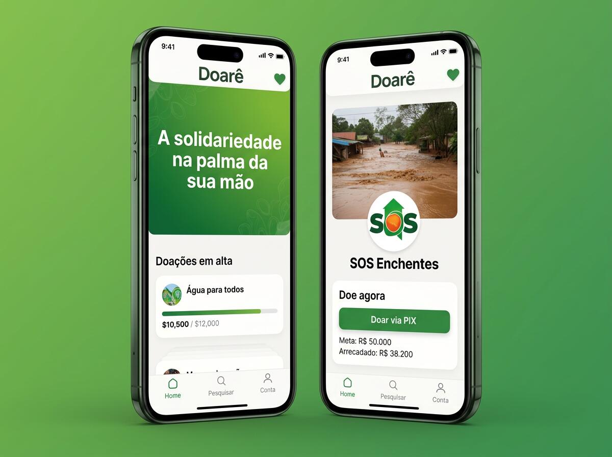 Aplicativo Doarê em dois smartphones mostrando campanhas e doações
